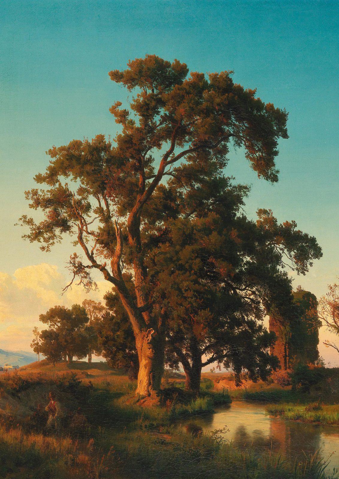 A Majestic Tree in the Evening Light by Oswald Achenbach, 1852. A huge tree with an orange-lit crown rises against a turquoise sky above a sunset stream and meadow, with smaller trees and distant hills.