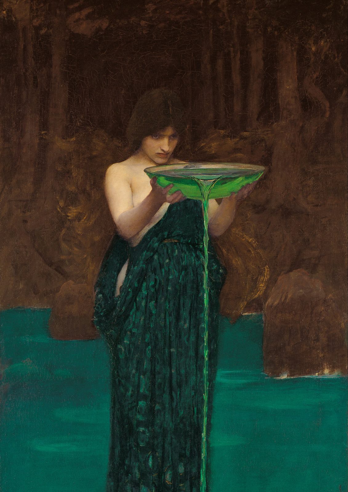 Circe Invidiosa by John William Waterhouse, 1892. The sorceress Circe stands on a rock and pours green poison from a bowl into swirling green water below.