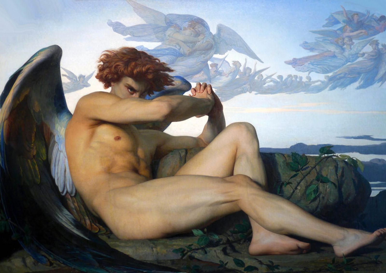 Fallen Angel by Alexandre Cabanel, 1847. A nude young man with copper red hair and dark wings lies on a rock, his eyes glaring over his crossed arm, while pale angels fly across a blue sky behind him.