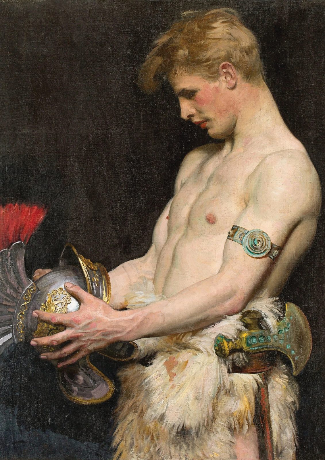Germanic Warrior with Helmet by Osmar Schindler, 1902. A bare-chested young warrior sits holding a Roman helmet in both hands and gazes down into it.