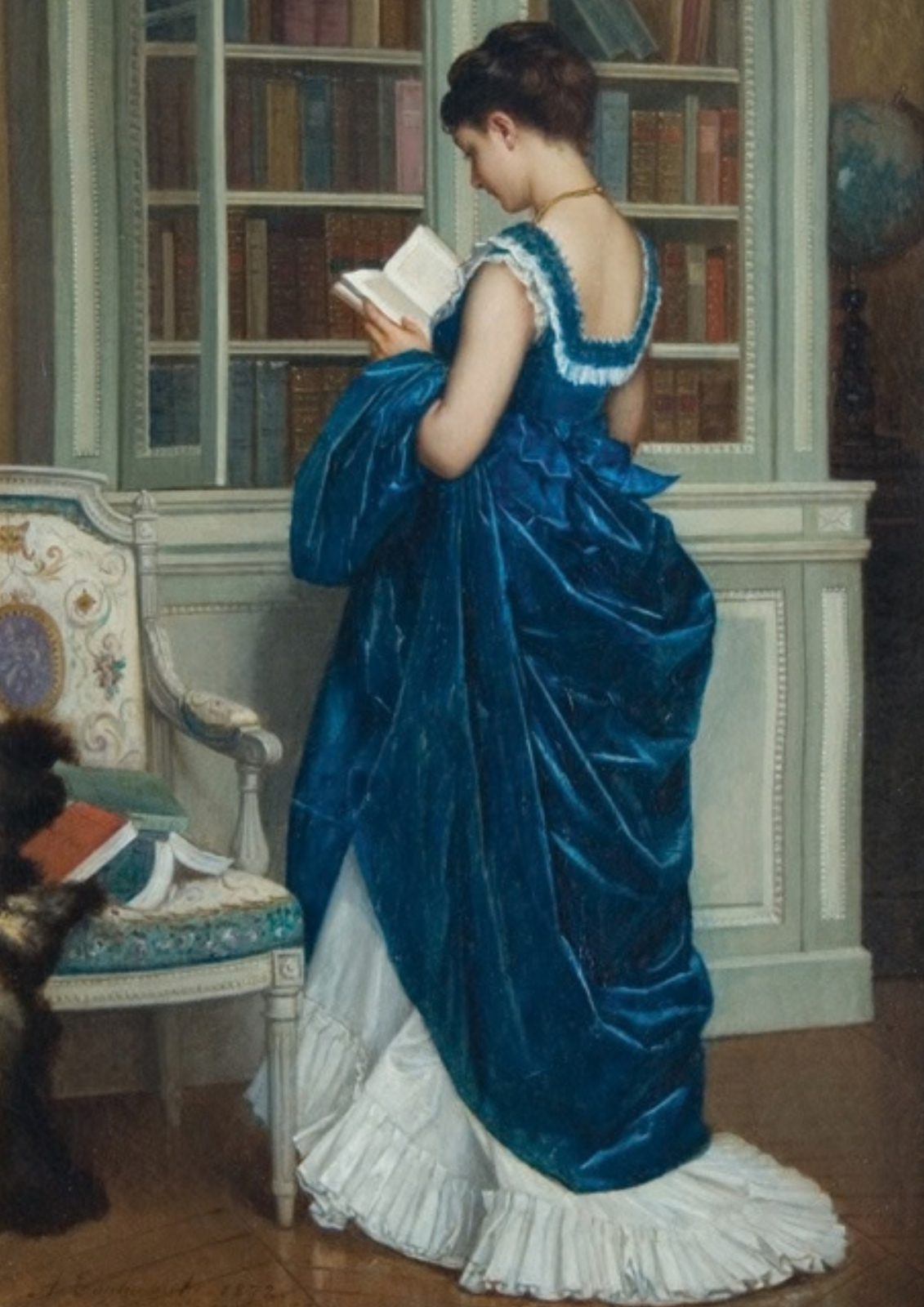 In the Library by Auguste Toulmouche, 1872. A young woman in a long silk gown stands reading a book among tall wooden library shelves.