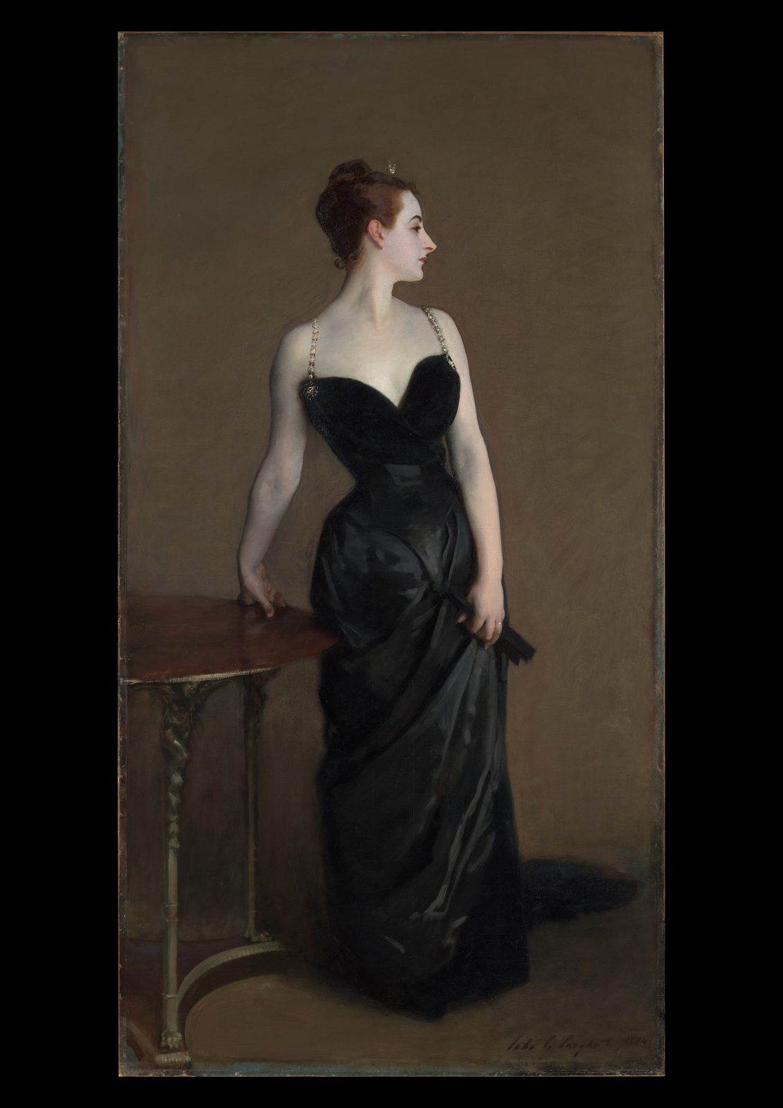 Madame X by John Singer Sargent, 1884. A pale woman in a black satin gown with jewelled straps stands in profile beside a small round table against a warm brown background, on an off-white border.