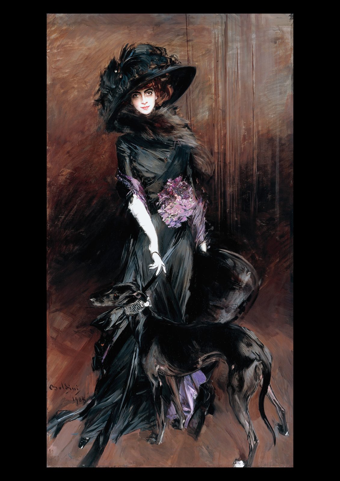 Marchesa Luisa Casati with a Greyhound by Giovanni Boldini, 1908. A pale woman in a wide black plumed hat and black dress with a spray of violets stands beside a black greyhound against a brown background, on a black border.