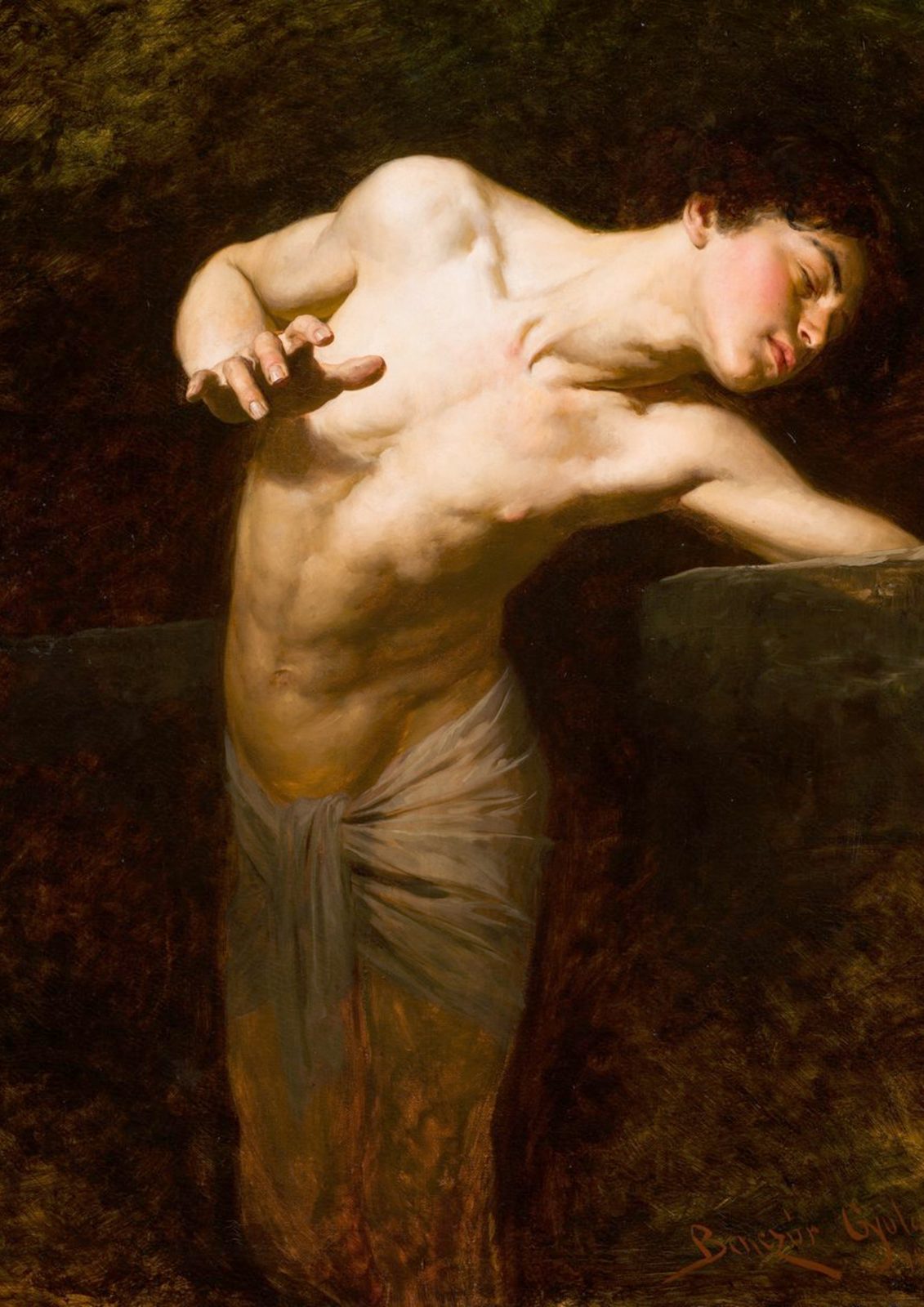 Narcissus by Gyula Benczúr, 1881. A beautiful youth rests at the edge of a still pool, gazing at his own reflection in the water.