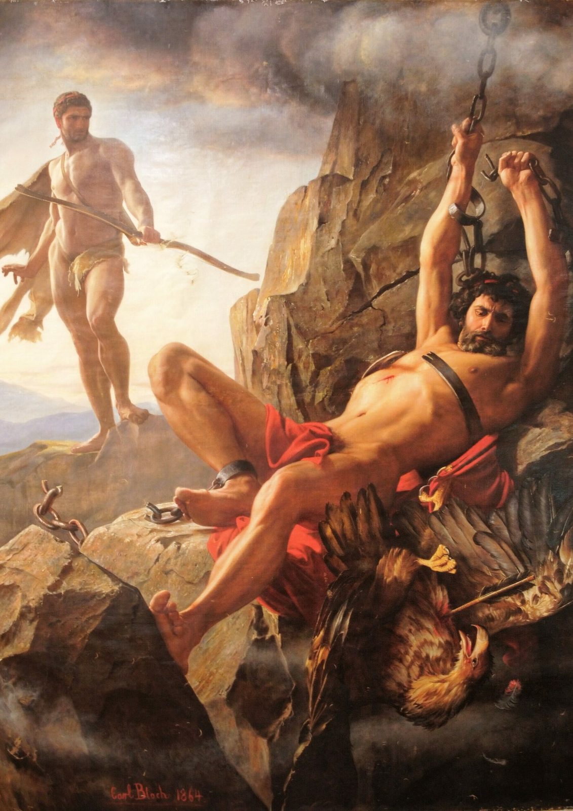 Prometheus Unbound by Carl Bloch, 1864. A bearded Titan in a red loincloth hangs chained to a rock with his arms raised, a dead eagle pierced by an arrow at his feet, while Heracles with a bow and lion skin stands on the ridge behind.