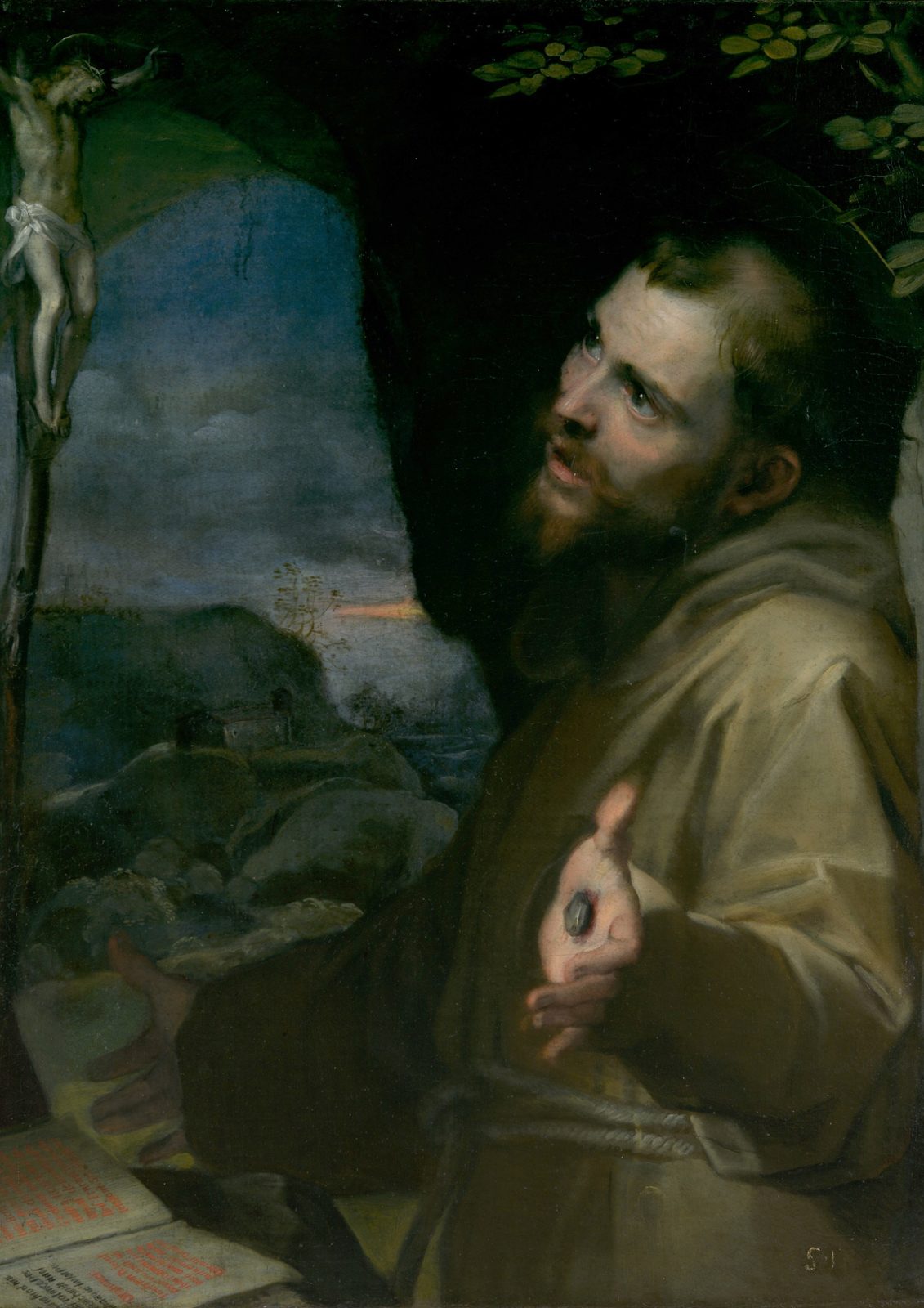 Saint Francis by Federico Barocci, around 1600. Saint Francis of Assisi in a brown habit, marked with the wounds of the stigmata, against a dark background.