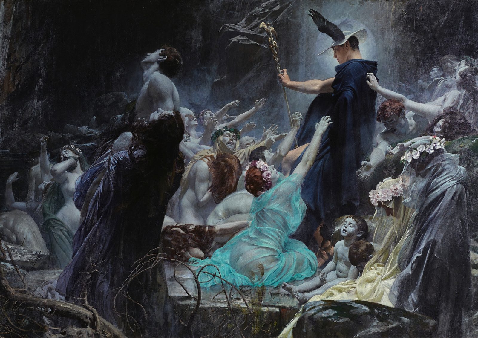 Souls on the Banks of the Acheron by Adolf Hiremy-Hirschl, 1898. Pale souls of the dead crowd a dark riverbank and reach towards the god Hermes, while Charon's boat approaches across the water.