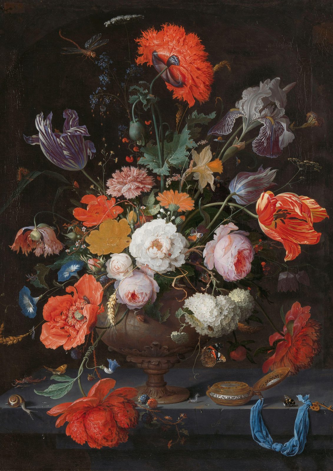 Still Life with Flowers and a Watch by Abraham Mignon, c. 1660-1679. Red poppies, pink and white roses, irises and tulips spill from a stone urn on a grey ledge, with an open pocket watch, a blue ribbon, a snail and butterflies against a dark background.
