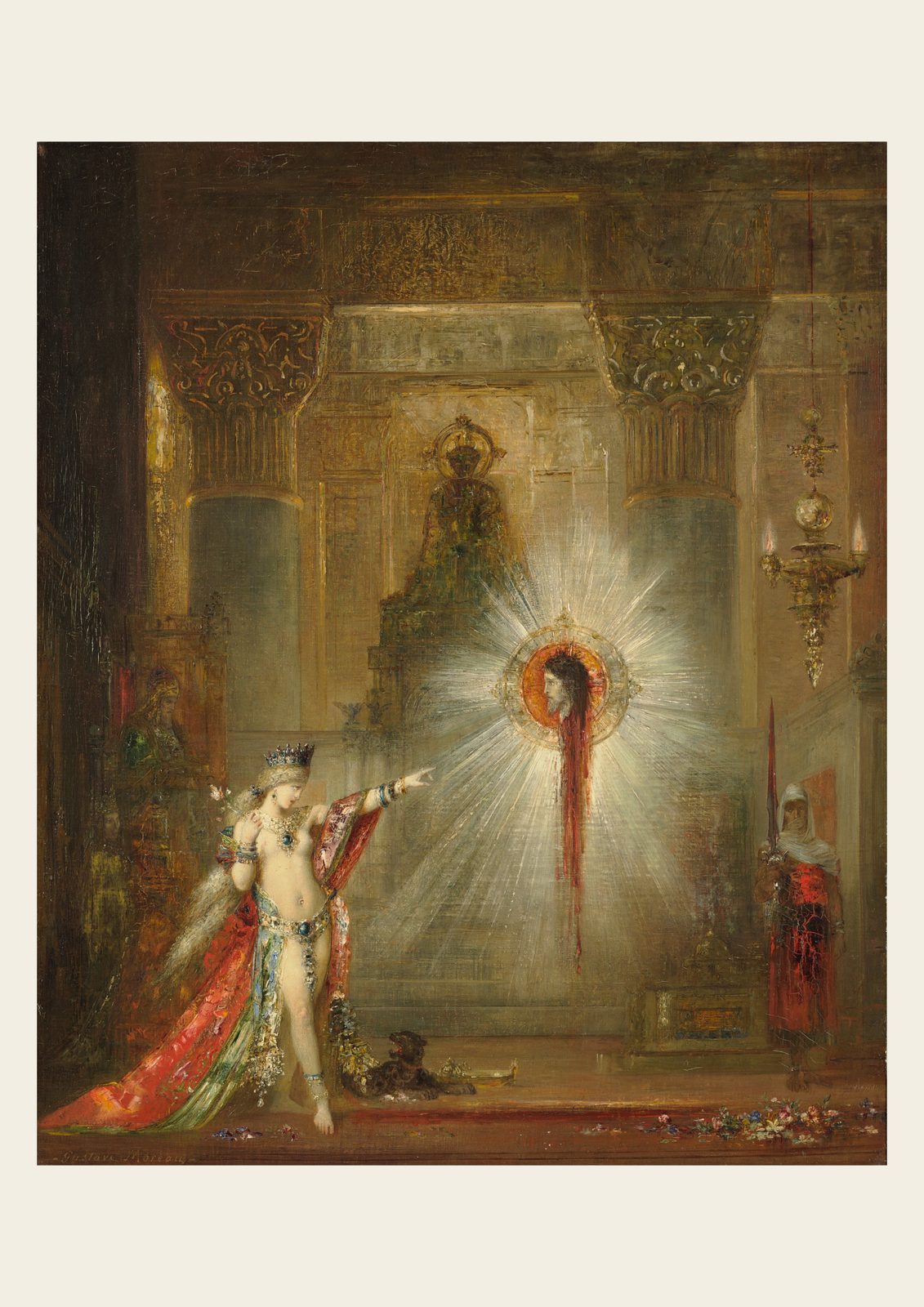 The Apparition by Gustave Moreau, 1876 to 1877, as a framed print in a black frame on a cream wall. In a gilded palace, a crowned woman in jewels and a red embroidered robe points at the severed head of John the Baptist floating in a burst of white light, a guard with a halberd standing at right, shown with a warm off-white border.
