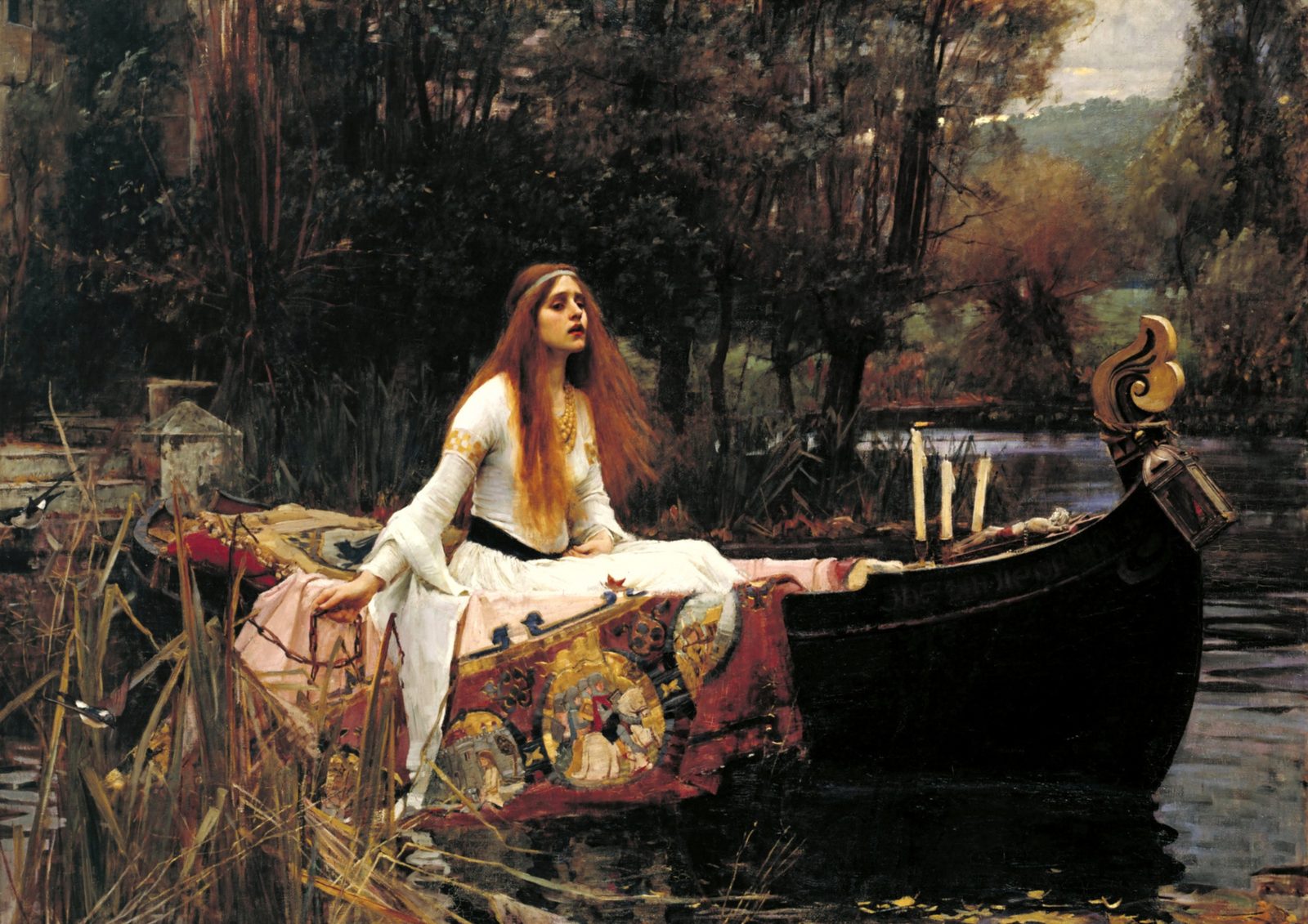 The Lady of Shalott by John William Waterhouse, 1888. A woman in a white gown sits in a wooden boat on a reed-lined river, her tapestry trailing in the water and three candles at the prow, two blown out.