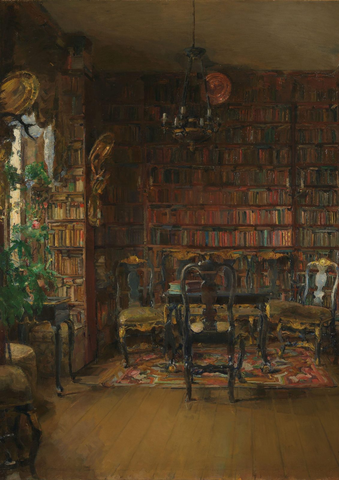 Thorvald Boeck's Library by Harriet Backer, 1902. A quiet room lined with bookshelves, lit by soft daylight from a window.