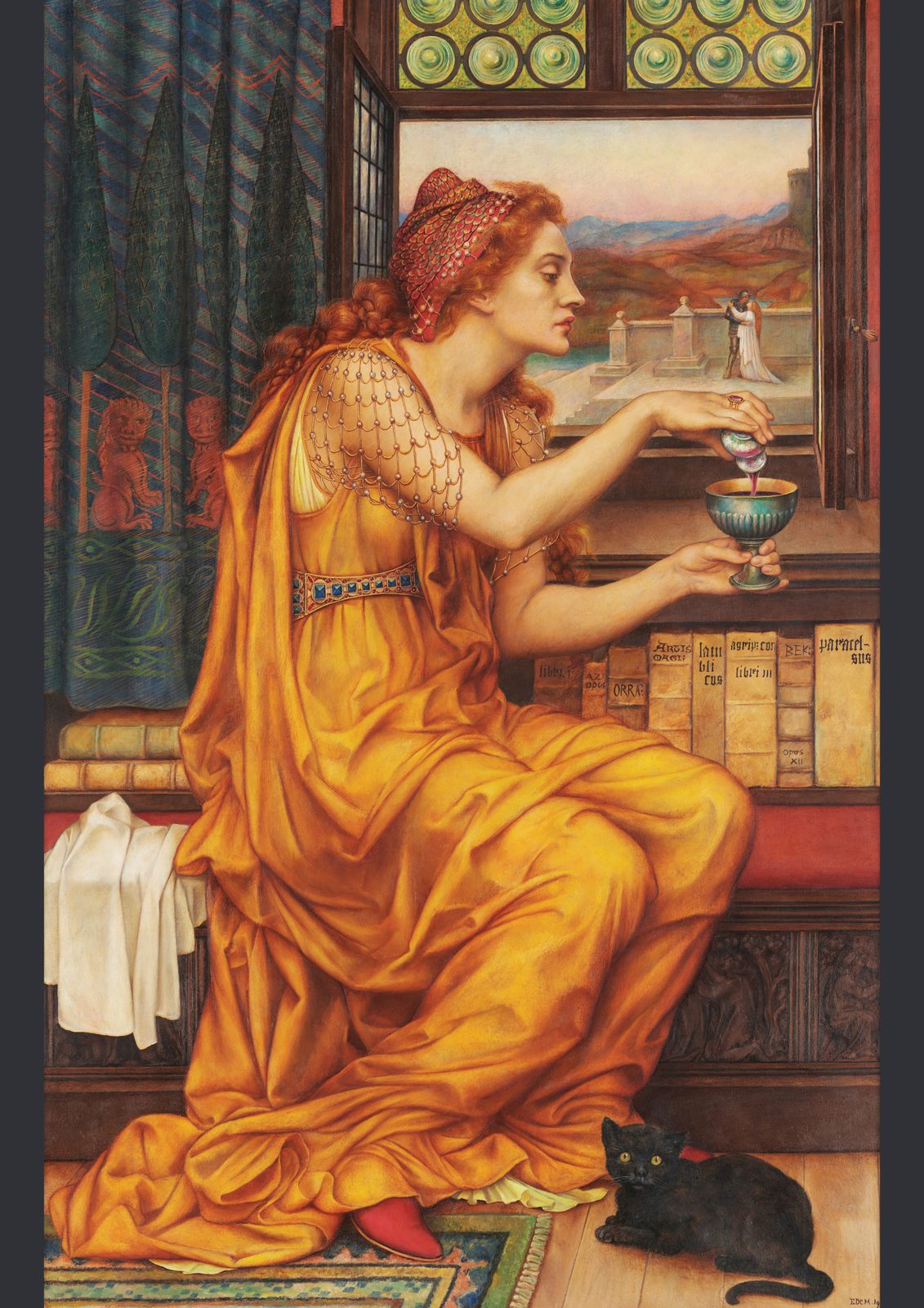 The Love Potion by Evelyn De Morgan, 1903. A sorceress in a golden robe pours a potion into a goblet while a black cat sits at her feet and a couple embraces outside the window.