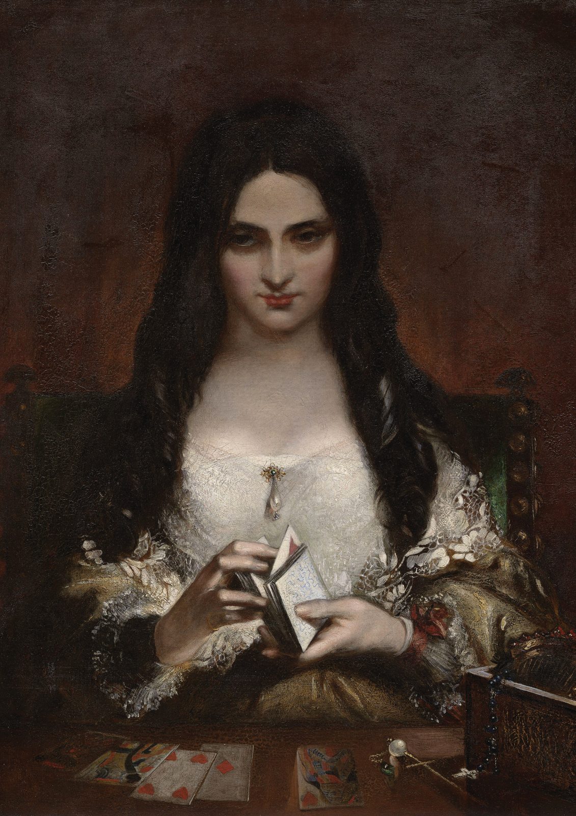 The Wish by Theodor von Holst, 1840. A richly dressed woman with jewelled rings sits at a lamp-lit table dealing playing cards, gazing steadily at the viewer.