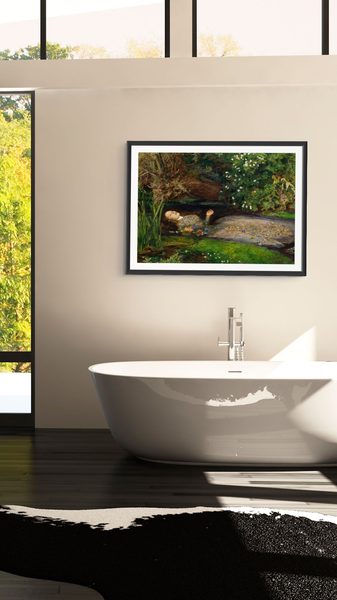 Ophelia by John Everett Millais as a framed print in a bathroom